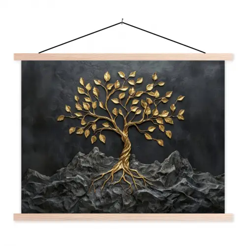 Bladeren - Goud - Boom - Rots textielposter latten blank klein -3d