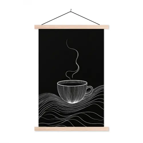 Lijntekening - Koffiekop - Zwart textielposter latten blank klein -3d