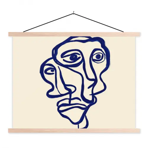 Lijntekening - Overlappende gezichten - Donkerblauw textielposter latten blank klein -3d
