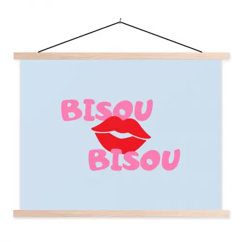 Lippen - Bisou - Blauw textielposter latten blank klein -3d