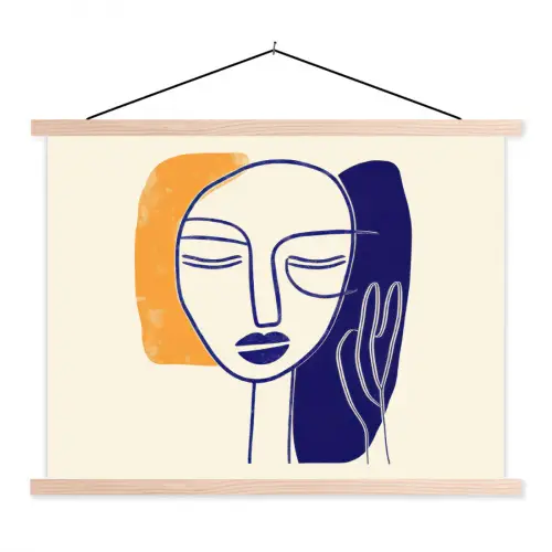 Minimalistisch - Gezicht - Hand - Oranje - Blauw textielposter latten blank klein -3d