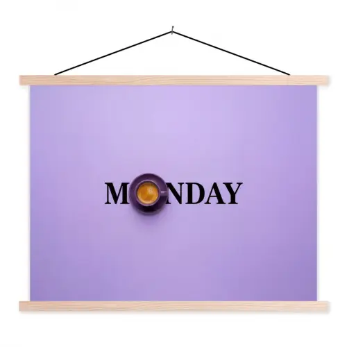 Maandag - Mok - Koffie - Paars textielposter latten blank klein -3d