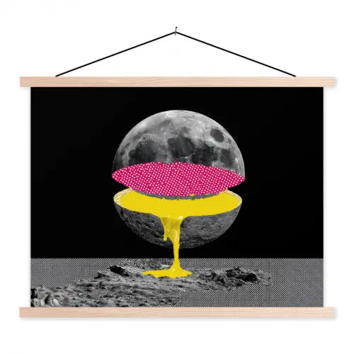 Maan - Geel - Roze - Zwart textielposter latten blank klein -3d
