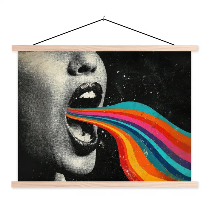 Mond - Golven - Regenboog textielposter latten blank klein -3d