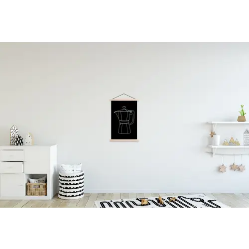 Mokkapot - Zwart - Wit - Lijntekening textielposter latten blank klein -kinderkamer