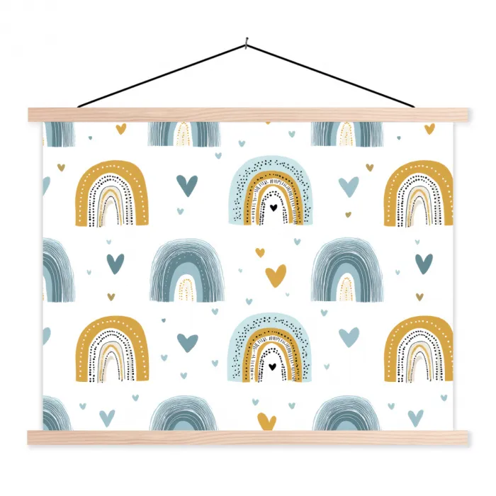 Patroon - Regenboog - Hartjes textielposter latten blank klein -3d