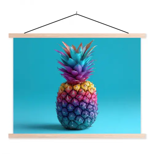 Ananas - Regenboog - Blauw - Popart textielposter latten blank klein -3d