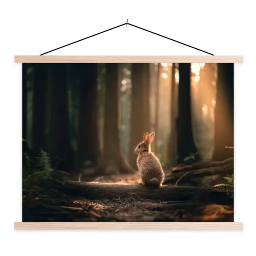 Konijn - Bos - Zonnestralen textielposter latten blank klein -3d
