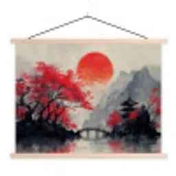 Rode zon - Rivier - brug - Bomen textielposter latten blank klein -3d