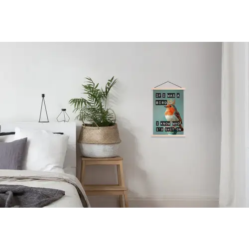 Roodborstje - Vogel - Blauw - Decoratie textielposter latten blank klein -woonkamer