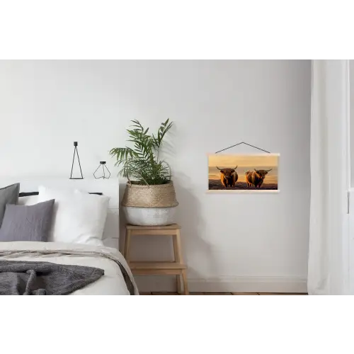 Schotse hooglanders - Heide - Landschap - Dieren textielposter latten blank klein -woonkamer