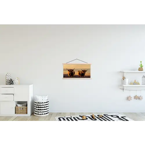 Schotse hooglanders - Heide - Landschap - Dieren textielposter latten blank klein -kinderkamer