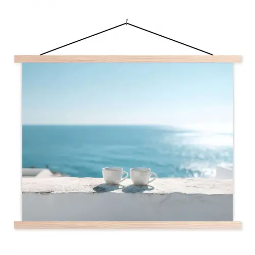 Zee - Koffiekopjes - Zomers textielposter latten blank klein -3d