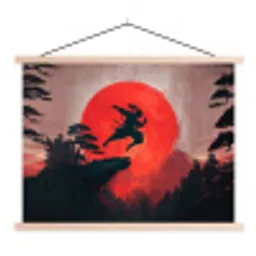 Zon - Krijger - Bomen - Bergen textielposter latten blank klein -3d