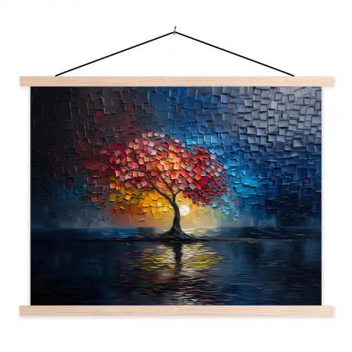 Boom - Blauw - Bladeren - Vakken textielposter latten blank klein -3d