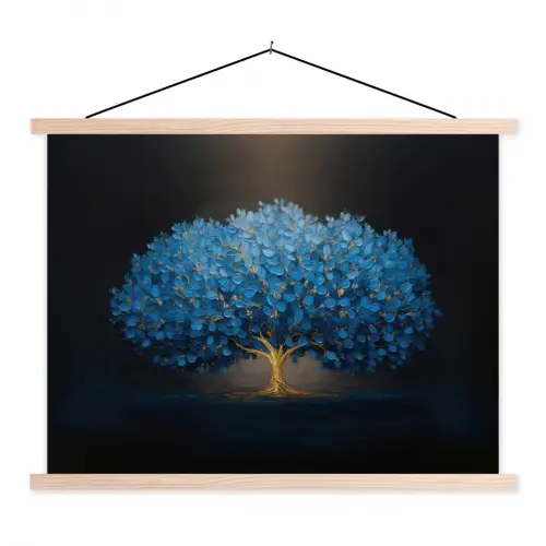 Boom - Blauw - Bladeren - Penseelstreken textielposter latten blank klein -3d