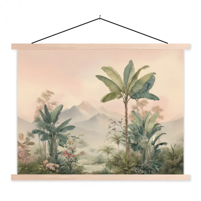 Tropisch landschap - palmbomen - Bloemen - Roze lucht textielposter latten blank klein -3d