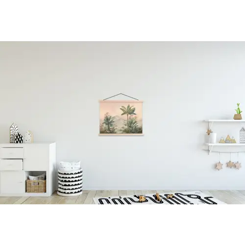 Tropisch landschap - palmbomen - Bloemen - Roze lucht textielposter latten blank klein -kinderkamer