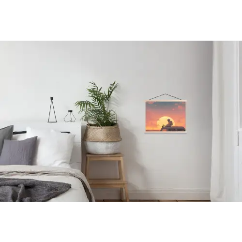 Busje - Kat - Zonsondergang - Oranje textielposter latten blank klein -woonkamer