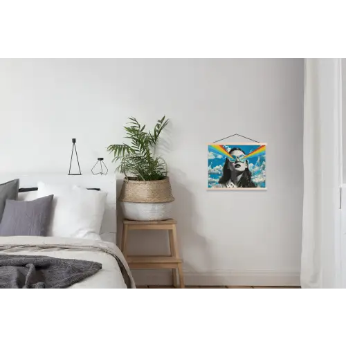 Vrouw - Bril - Regenboog - Wolken textielposter latten blank klein -woonkamer