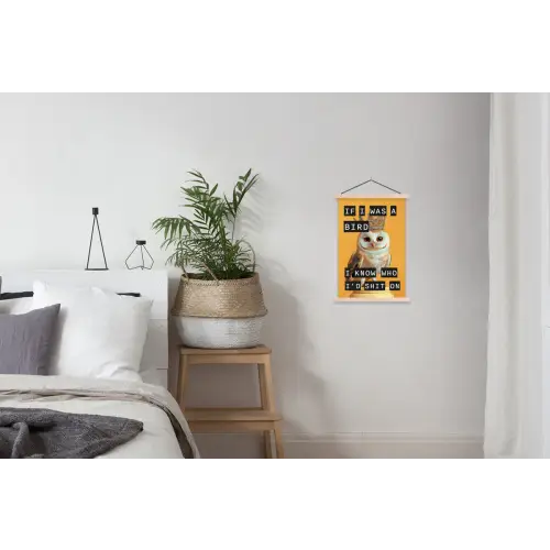 Geel - Uil - Vogel - Decoratie textielposter latten blank klein -woonkamer