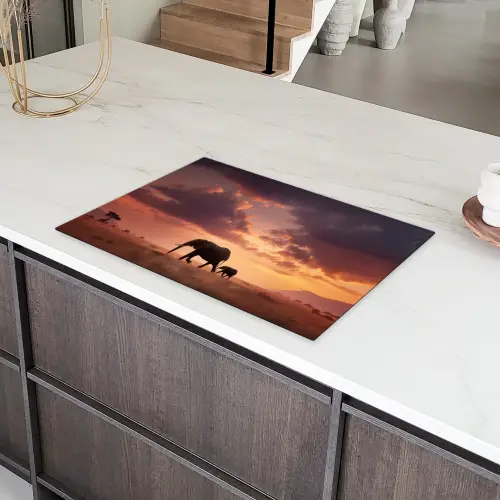 Olifanten - Grasland - Zonsondergang Inductie beschermer vinyl 3mm klein -sfeer8