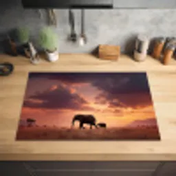 Olifanten - Grasland - Zonsondergang Inductie beschermer vinyl 3mm klein -sfeer5
