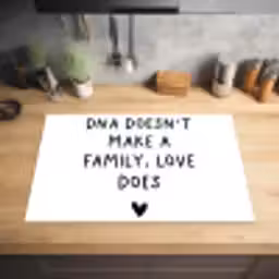 Engelse quote "DNA doesn't make a family, love does" met een hartje op een witte achtergrond Inductie beschermer vinyl 3mm klein -sfeer5