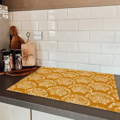 Waaierachtige motieven - Geel - Vintage Inductie beschermer vinyl 3mm klein -sfeer3