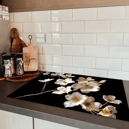 Bloem - Wit - Zwart Inductie beschermer vinyl 3mm klein -sfeer3