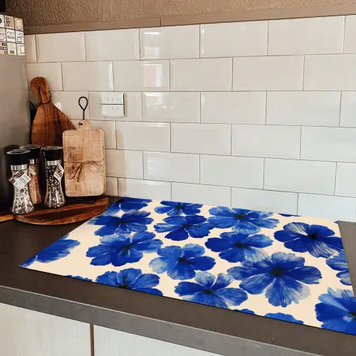 Bloemen - Blauw -Patroon - Wit Inductie beschermer vinyl 3mm klein -sfeer3