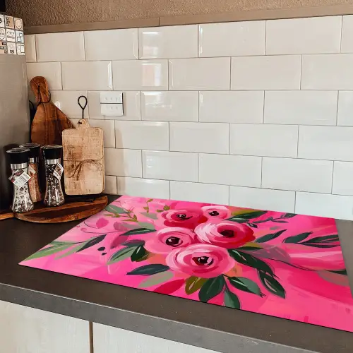 Bloemen - Verf - Roze Inductie beschermer vinyl 3mm klein -sfeer3