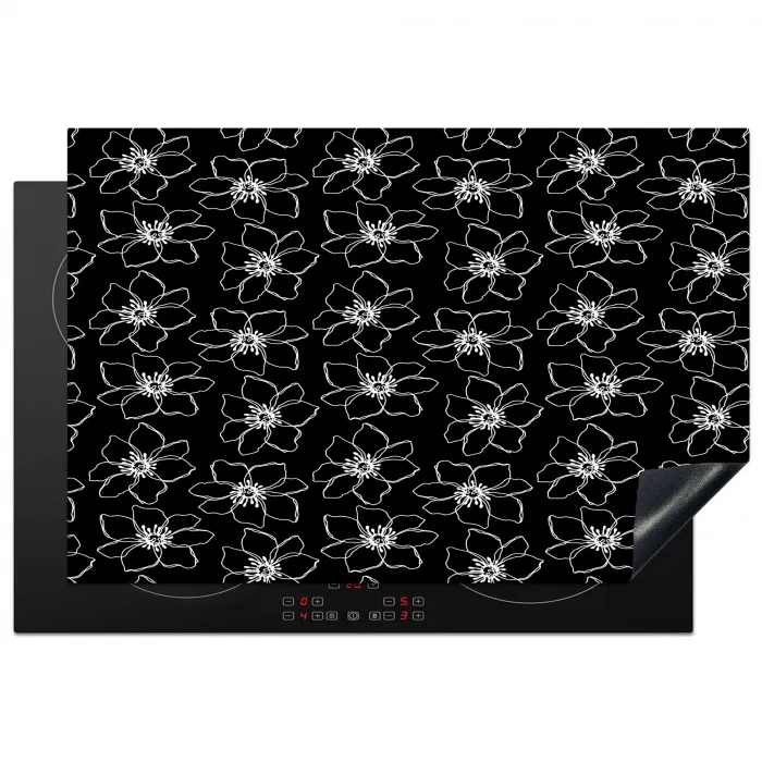 Bloemen - Patroon - Wit - Zwart Inductie beschermer vinyl 3mm klein 276 -3d