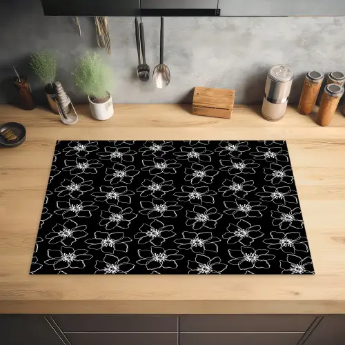 Bloemen - Patroon - Wit - Zwart Inductie beschermer vinyl 3mm klein 276 -sfeer5