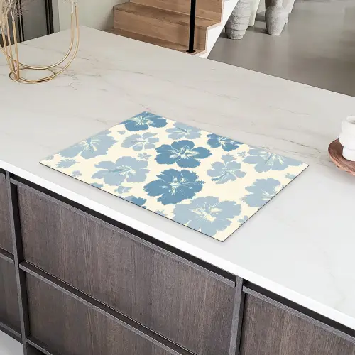 Hibiscusbloemen - Blauw - Patroon - Tropisch Inductie beschermer vinyl 3mm klein -sfeer8