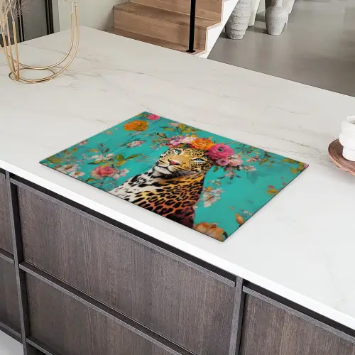 Luipaard - Bloemen - Kroon Inductie beschermer vinyl 3mm klein -sfeer8