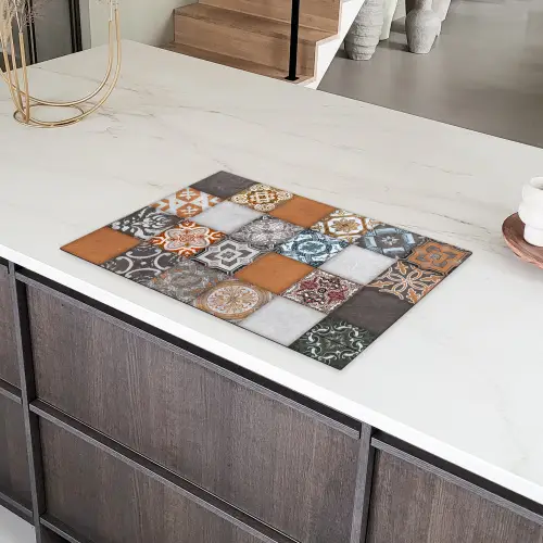 Mozaïek - Patroon - Oranje - Blauw Inductie beschermer vinyl 3mm klein -sfeer8