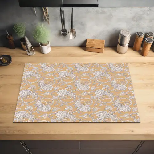 Paisleymotief - Wit - Bloemen - Geel Inductie beschermer vinyl 3mm klein 276 -sfeer5