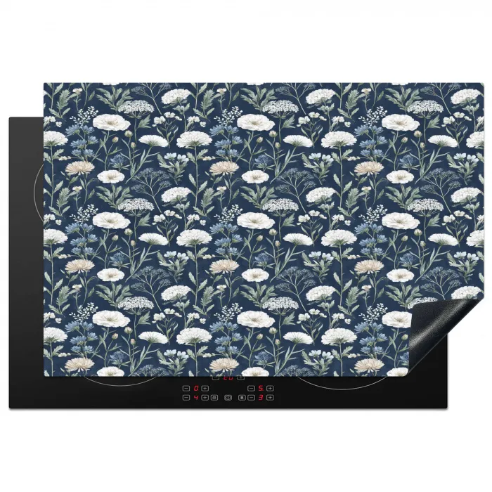 Chic - Bloemen - Wit - Blauw Inductie beschermer vinyl 3mm klein 276 -3d