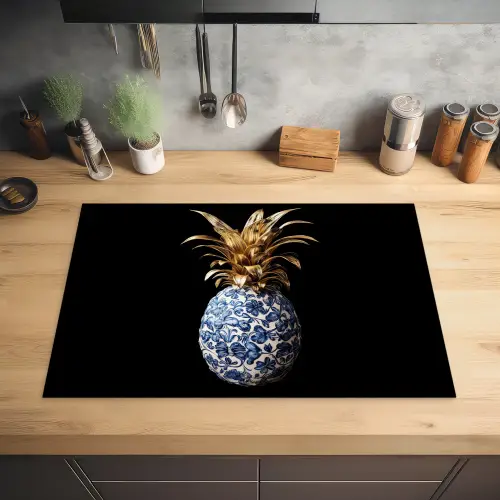 Ananas - Bloemen patroon - Goud - Delftsblauw Inductie beschermer vinyl 3mm klein -sfeer5