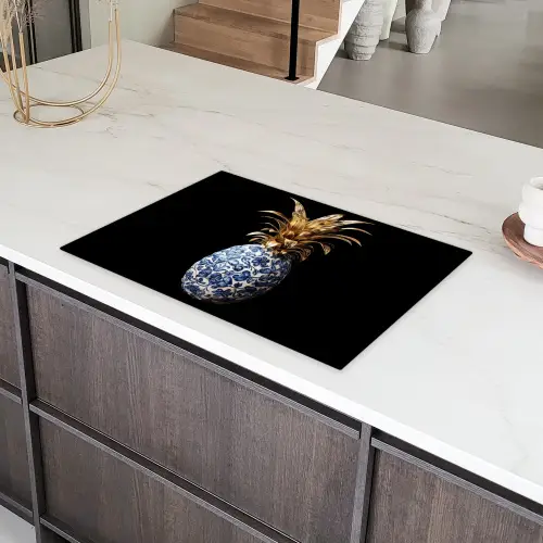 Ananas - Bloemen patroon - Goud - Delftsblauw Inductie beschermer vinyl 3mm klein -sfeer8