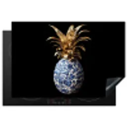Ananas - Bloemen patroon - Goud - Delftsblauw Inductie beschermer vinyl 3mm klein -3d