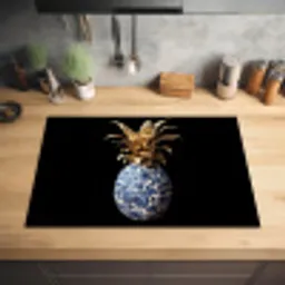Ananas - Bloemen patroon - Goud - Delftsblauw Inductie beschermer vinyl 3mm klein -sfeer5