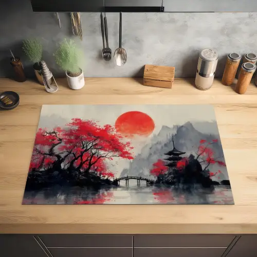 Rode zon - Rivier - brug - Bomen Inductie beschermer vinyl 3mm klein -sfeer5