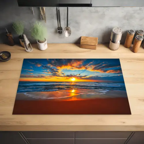 Zee - Zonsondergang - Strand - Wolken - Oranje Inductie beschermer vinyl 3mm klein -sfeer5