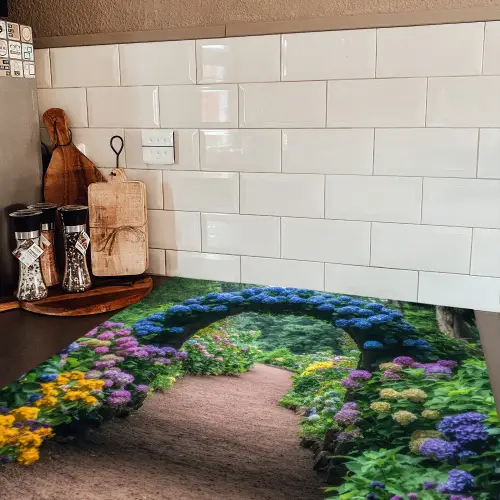 Doorkijk - Bloemen - Hortensia - Pad Inductie beschermer vinyl 3mm middel -sfeer3
