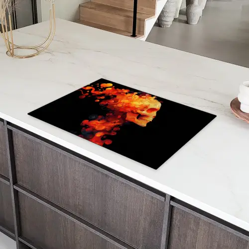 Schedel - Oranje - Zijaanzicht - Vlammen Inductie beschermer vinyl 3mm klein -sfeer8