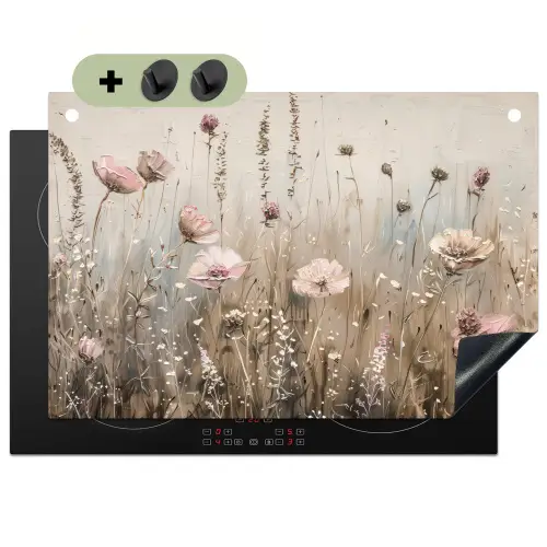 Bloemen - Roze - Modern - Beige Inductie beschemer met haakjes klein -3d