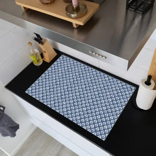 Bladeren - Wit - Blauw - Patroon Inductie beschemer met haakjes klein 777 -sfeer1