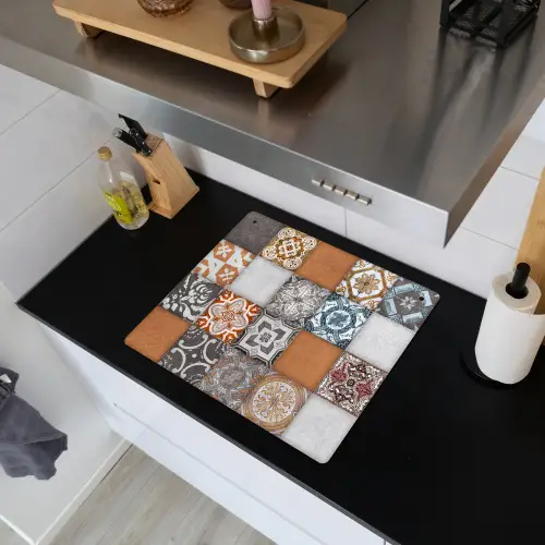 Mozaïek - Patroon - Oranje - Blauw Inductie beschemer met haakjes middel -sfeer1